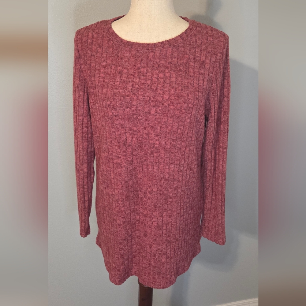 Mauve  Pink Brushed Ripped Knit Long Sleeve Tunic Top Large Soft Stretch NWOT